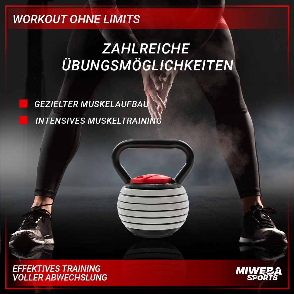 Miweba Sports Kettlebell KB300 | Kugel Hantel verstellbar - 3,4 bis 18 kg - 6 Stufen - Easy-Lock - Weichgummiboden - Anti-Rutsch-Griff - platzsparend