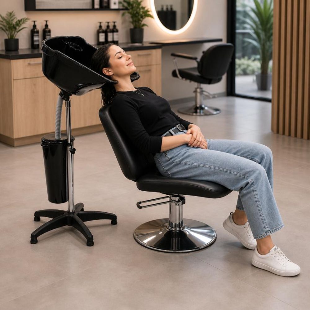 Bac à shampoing portable sur pied pour coiffure, réglable et mobile avec réservoir d'eau