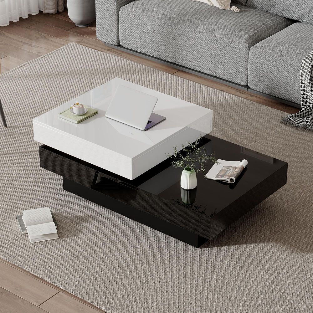 Merax Couchtisch mit drehbarer Tischplatte und 2 Ebenen – Hochglanz Weiß & Schwarz, 103 x 60 x 35,5 cm – Modernes Design & Funktionalität