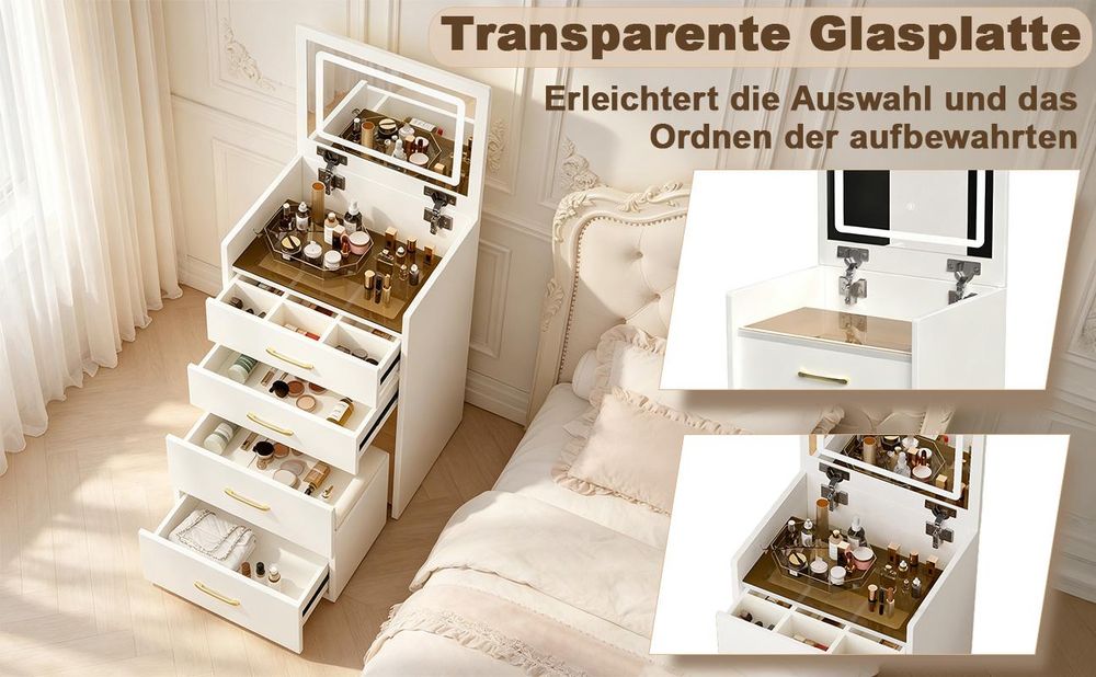 okwish 3-in-1 Schminktisch mit aufklappbarer Spiegel und Hocker,Kosmetiktisch mit 3 Schubladen,Schminkkommode,Viel Stauraum,Weiß