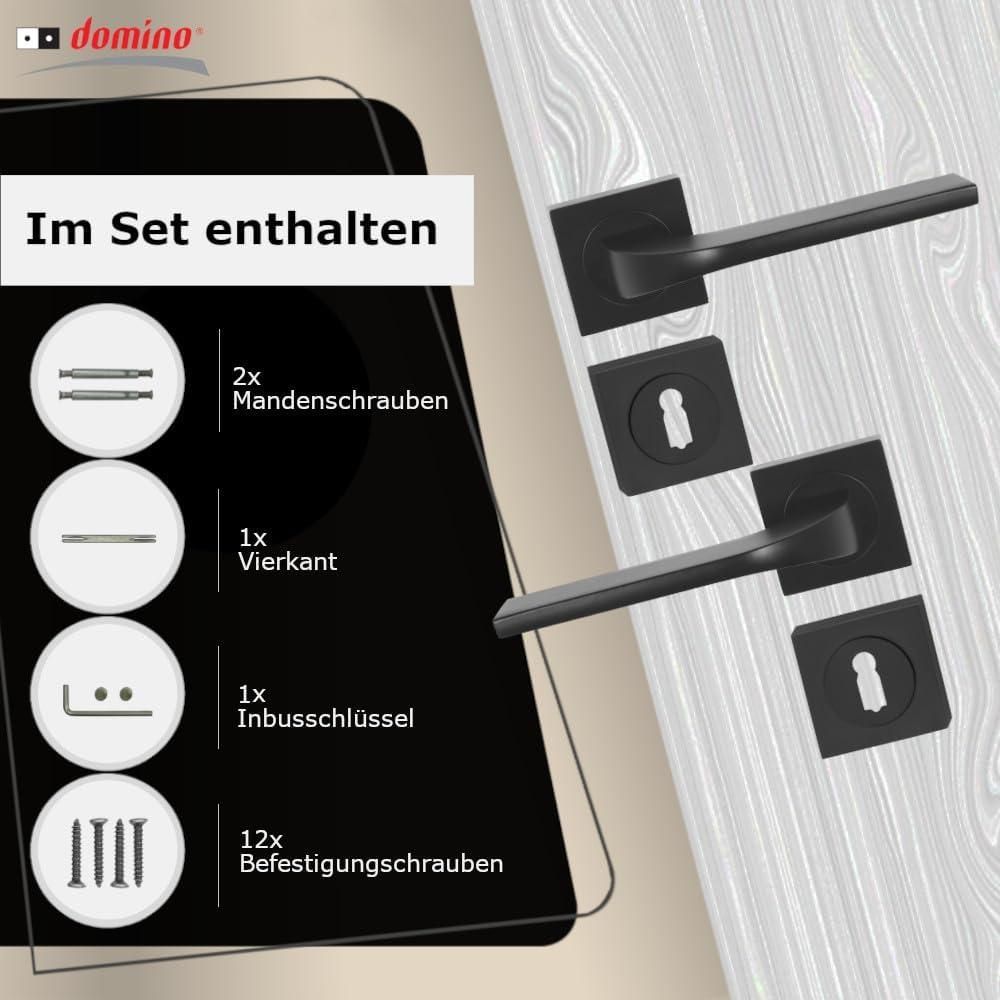 DOMINO Türgriff Drückergarnitur BB-Buntbart Set | Vierkant-Rosette | Türklinke für Zimmertür, Bürotür, Kellertür & Innentür | Türbeschläge aus Aluminium | Bronze Türdrückergarnitur | TIPO-QR BLACK