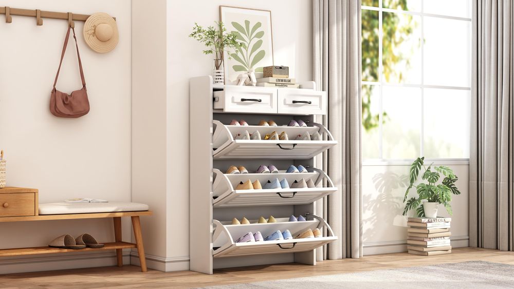 Merax Schuhschrank mit 3 Klappen, 2 Schubladen, Schuhkipper Schuhkommode mit schubladen, Schuhschrank, Schuhablage, Schuhregal, 80×23.5×131 cm, Weiß