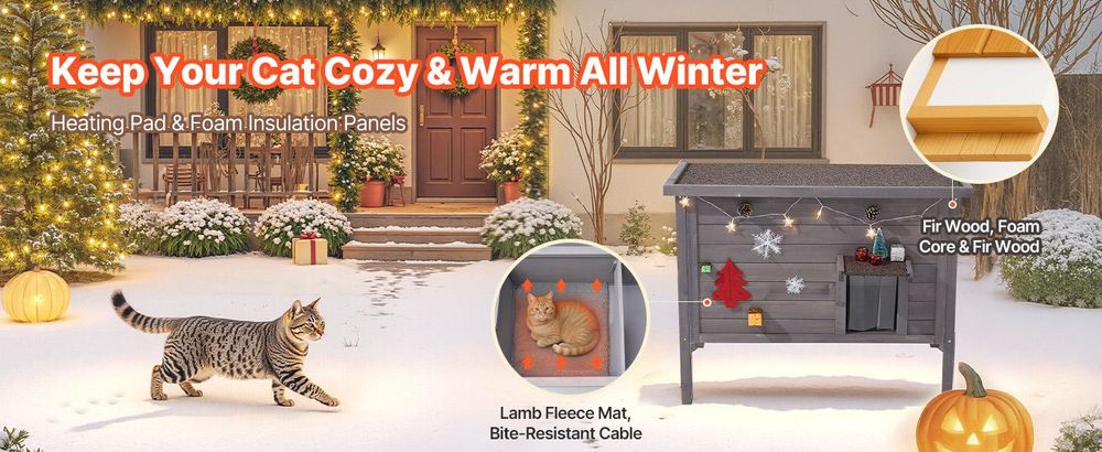 VEVOR Katzenhaus Outdoor 870 x 535 x 690 mm, Katzenhütte aus Holz, winterfeste Katzenhöhle mit 30-W-Heizkissen, PVC-Klapptür & Asphaltdach, Katzenunterstand für 1–3 Katzen im Winter,
