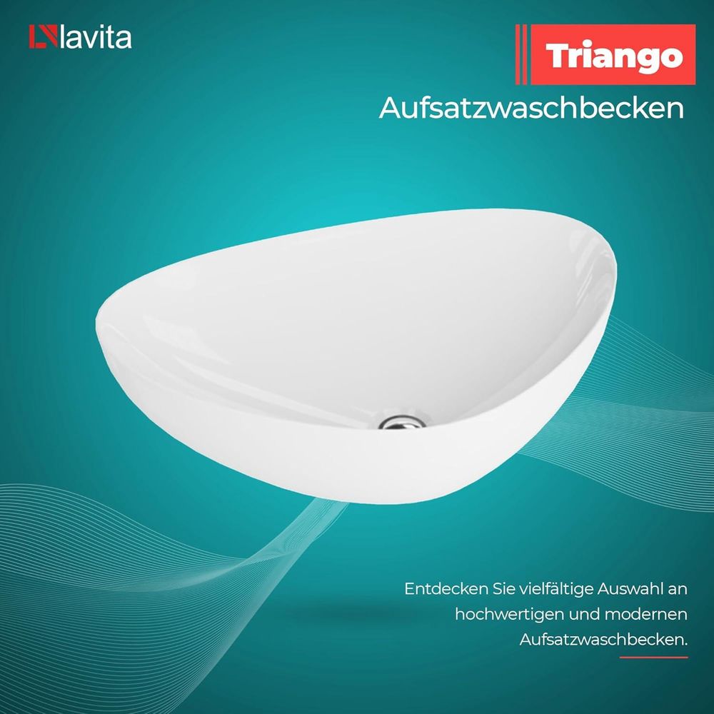 LAVITA Aufsatzwaschtisch Triango | Aufsatzwaschbecken Dreieckig | Waschbecken Ohne Überlauf und Hahnloch | Aus hochwertigem Porzellan | Waschtisch | 59x39x13,5 cm | Weiß Glanz