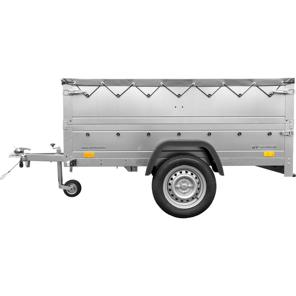 Pkw Anhänger kippbar 750 kg GARDEN TRAILER 201 KIPP mit zusätzlichen Bordwänden, Stützrad und grauer Flachplane