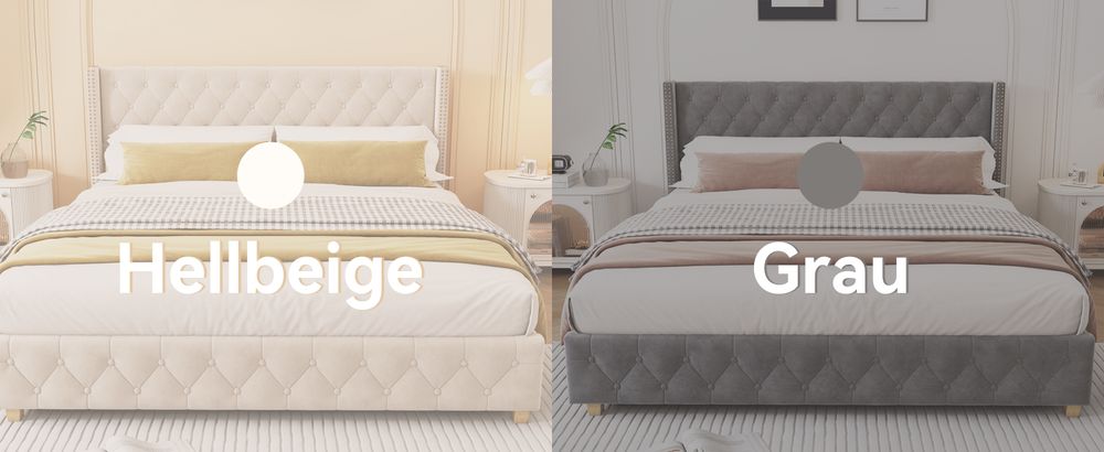okwish Polsterbett Doppelbett 160×200cm mit Lattenrost und Kopfteil, Knopfpolsterung, Nietenpolsterung, Samt, Grau,Ohne Matratze