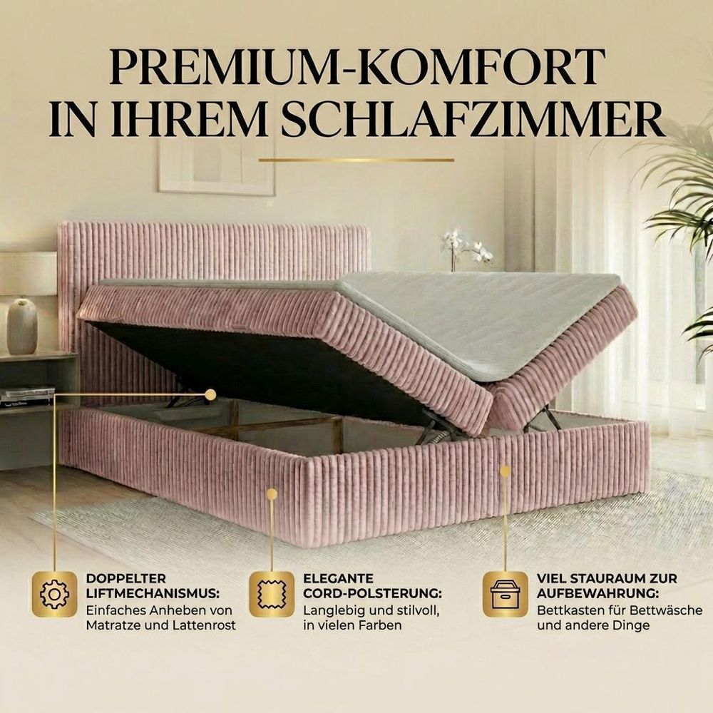 Boxspringbett RALF 180 x 200 cm mit Bettkasten, Topper und gepolstertem Kopfteil. Farbe: Grün, Härtegraden: H4 , Topper: T25-Topper