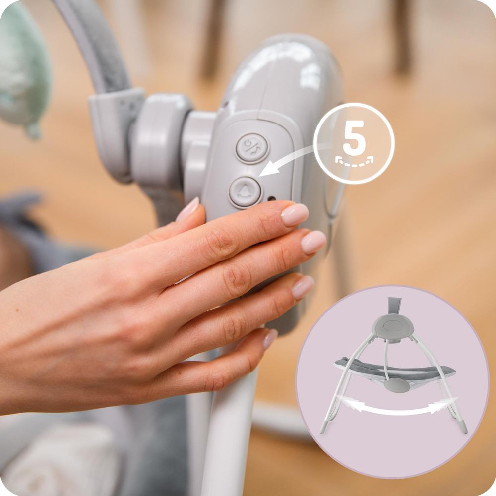 MoMi LISS – Elektrische Babywippe klappbar mit Timer, 5 Geschwindigkeiten, 6 Melodien & verstellbarem Spielbogen - Grau