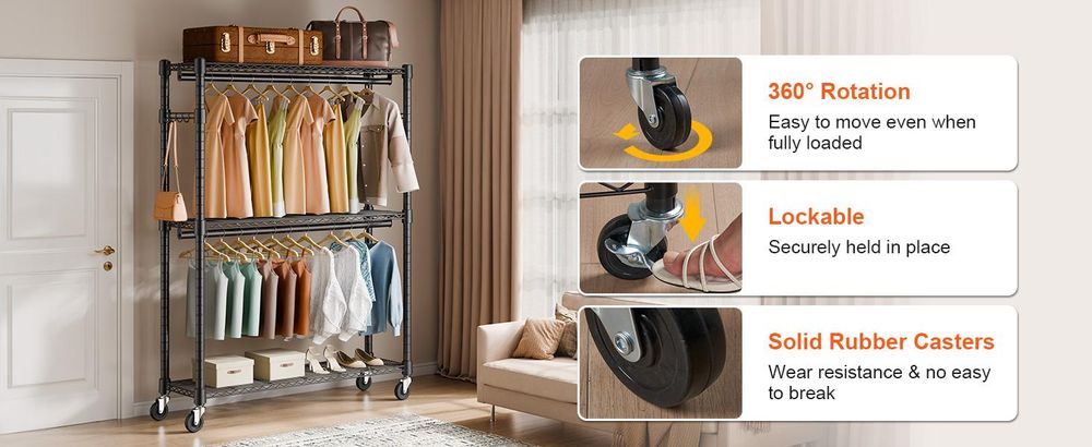 VEVOR 3-lagiger Rollbarer Kleiderständer Garderobenständer Kleiderstangen, 204 cm Höhe Stahl Kleiderständer 182 kg Belastbar, Strapazierfähig Ständer für Schlafzimmer, Wäscheraum, Ankleidezimmer usw.