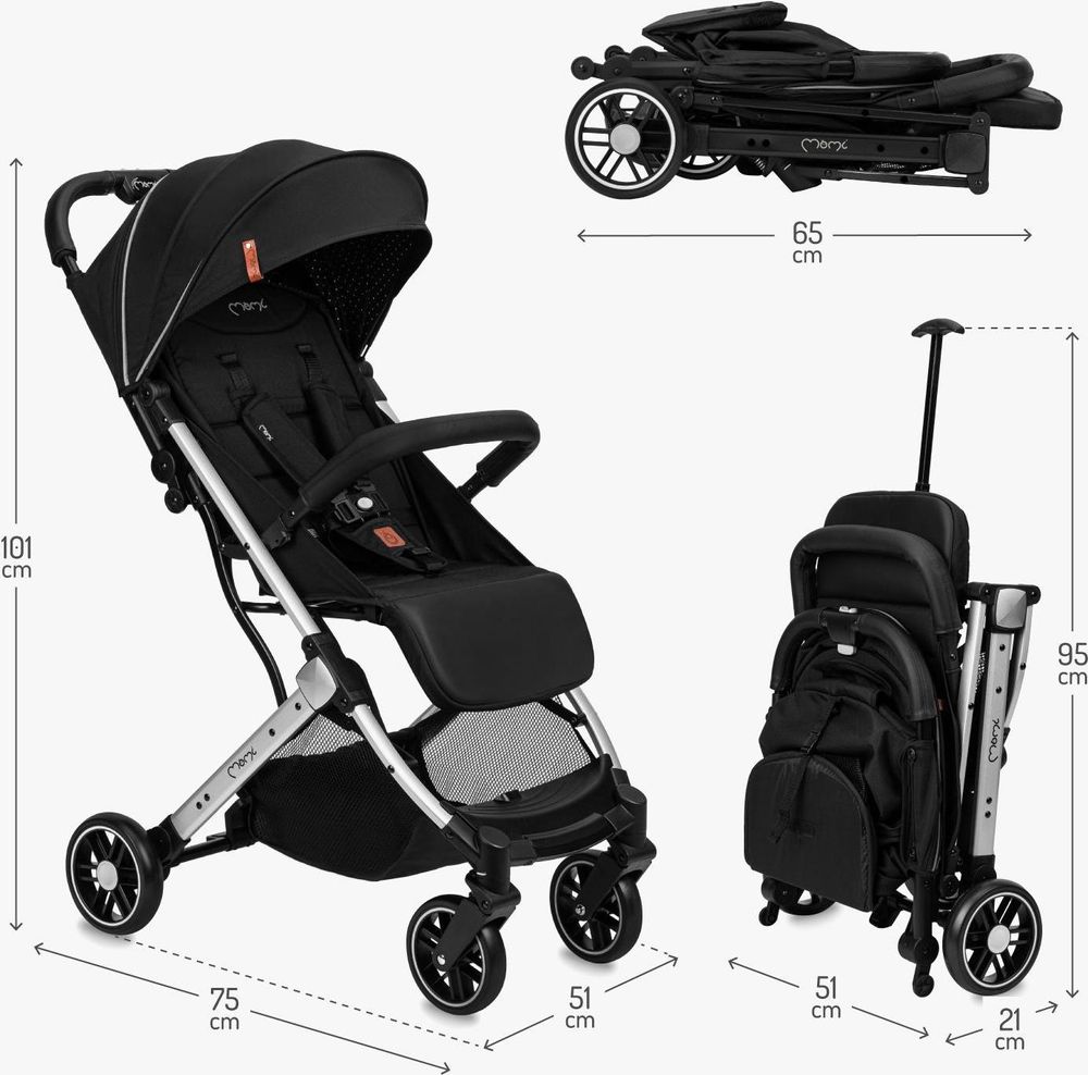 MoMi ESTELLE LIGHT Buggy Kinderwagen - Leicht, Stoßdämpfung 4 Räder, Koffer - Schwarz/Silber
