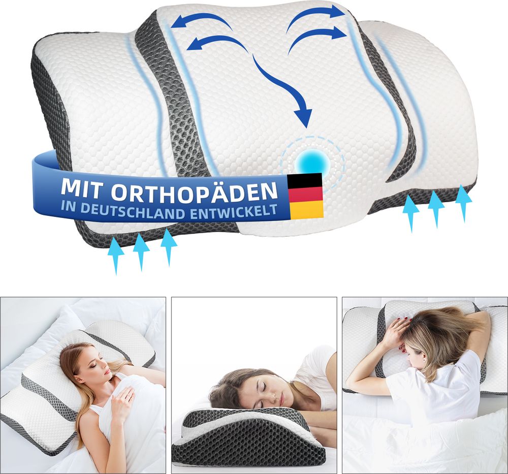 Nackenstützkissen Memory Kissen (67,3 x 38,2 x 13,8/3cm) Weiß + Dunkelgrau