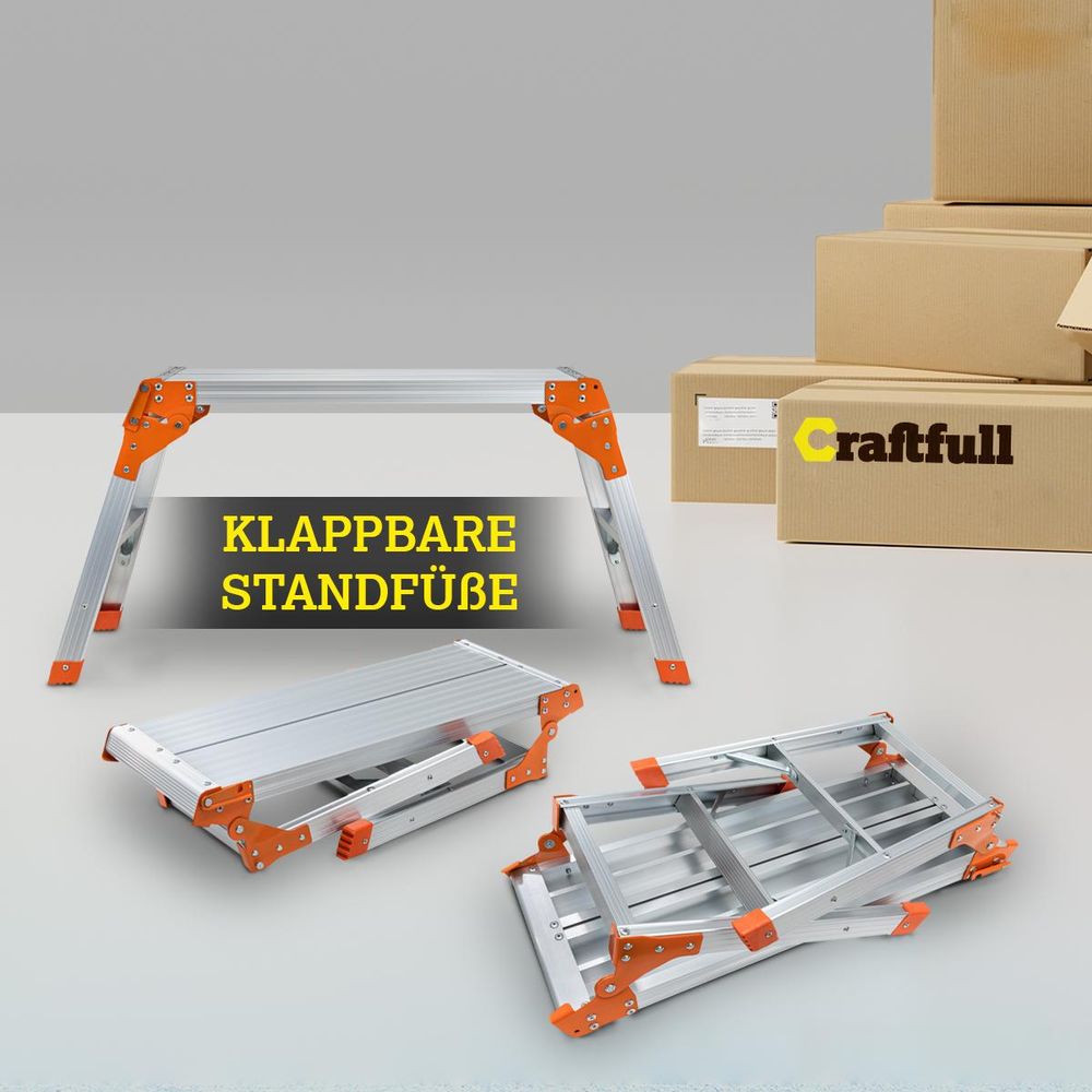 Craftfull Arbeitsplattform CF-107A | Arbeitsbühne - Klappbar - Anti-Rutsch - Aluminium - Mobil - Klappwerkbank - Podest - 150 kg (Silber/Schwarz)