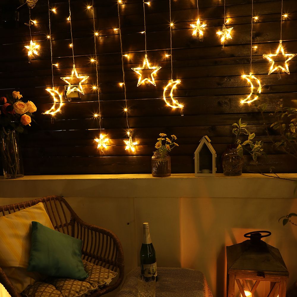3M LED Stern Mond Solar Lichtervorhang 8 Lichtmodi Außen Wasserdichte Lichterkette Garten Party Deko, Warmweiß