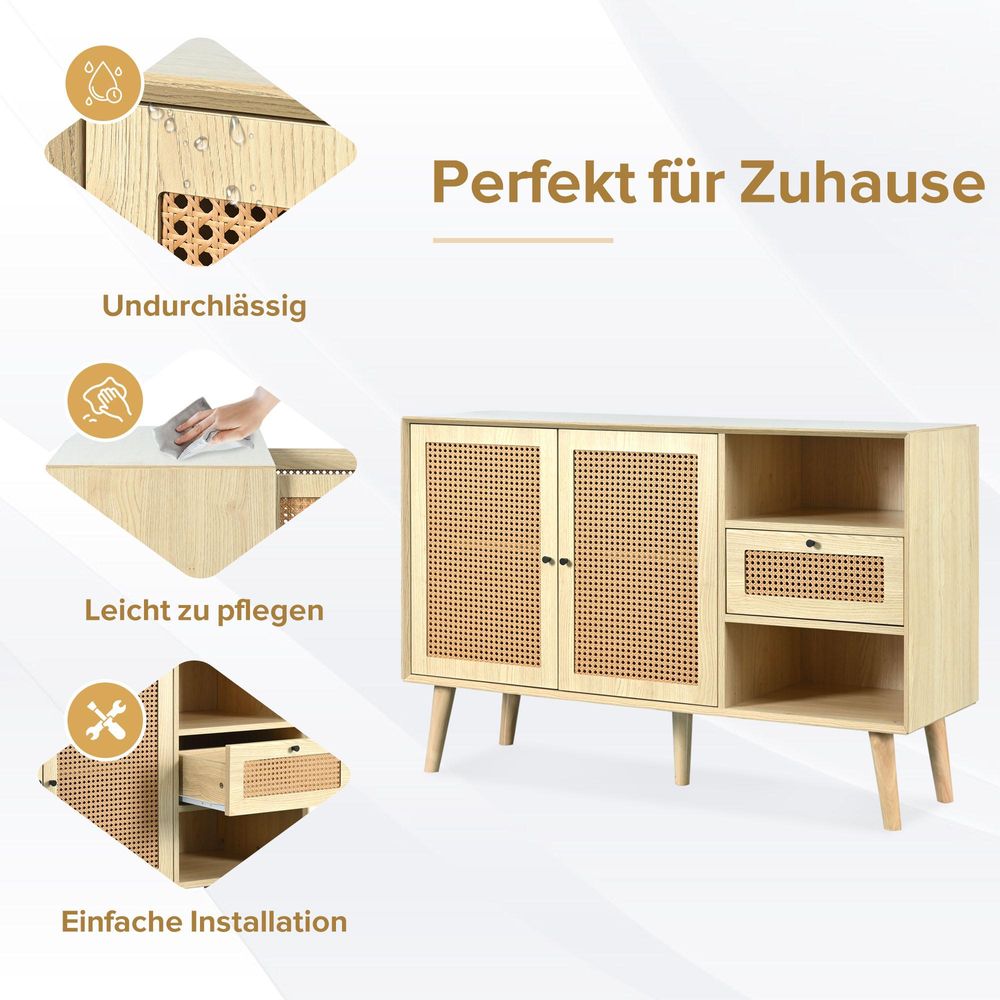 STILVORA Sideboard mit 1 Schublade und 2 Magnettüren, Kommode mit Rattangeflecht und verstellbaren Ablagen, Aufbewahrungsschrank mit Massivholzbeinen
