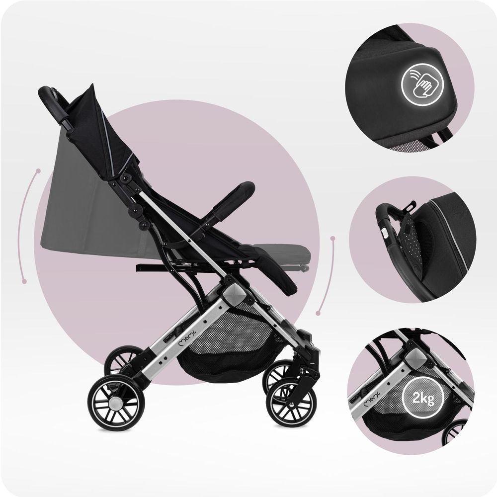 MoMi ESTELLE LIGHT – Ultraleichter Baby Kompaktbuggy 7,7 kg mit Einhand-Faltung, Trolley-Funktion & XL-Dach, ideal für Reisen – Schwarz/Silber