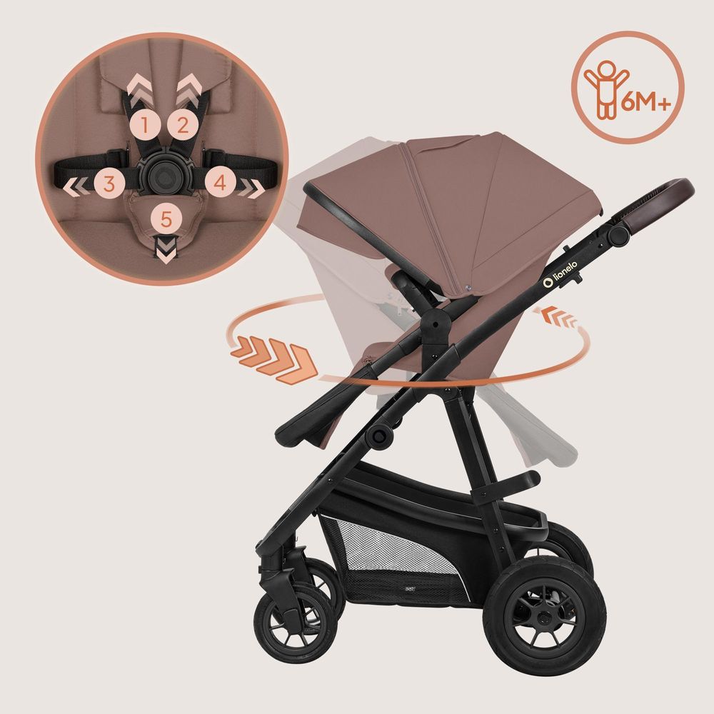 Lionelo Bianka 3in1 Kinderwagen, Autotransporter, Autositz, klappbar, Travel System Rückenlehne verstellbar 360o Räder Polsterung, Verdeck XXL-Beige