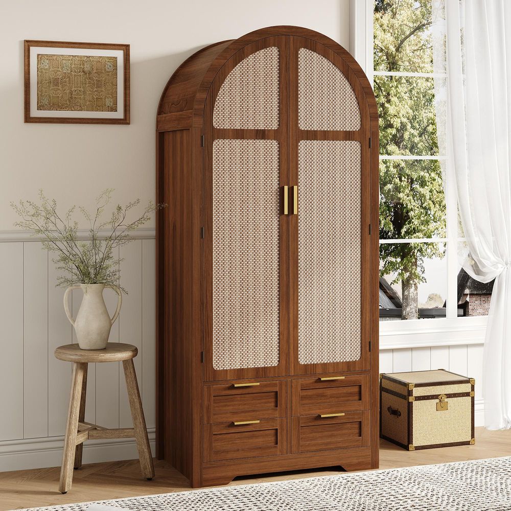 Merax Moderner Kleiderschrank mit gebogenen Türen, Stauraum mit Kleiderstange und Schubladen, Luxus Kleiderschrank für Schlafzimmer und Flur, Nussbaum