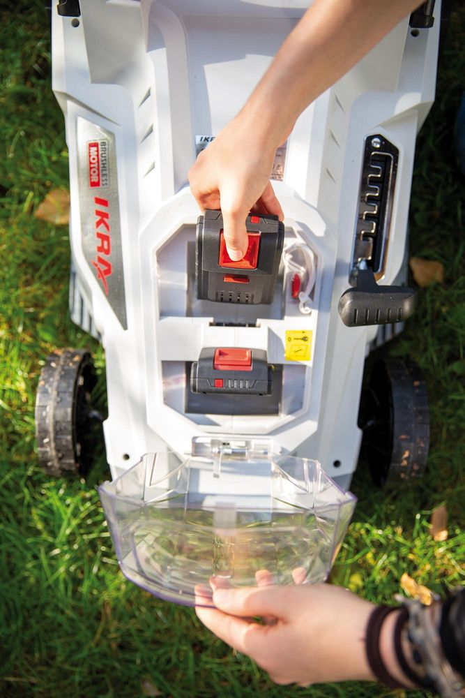 IKRA Akku Rasenmäher ICM 2/2037| 2x20V | 37 cm Schnittbreite | 5 Schnitthöhen | 40l Fangkorb | Mulchkit, Ersatzmesser, 2 Akkus & Doppel-Schnelllader