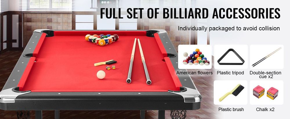 VEVOR Billardtisch, 192 cm Pooltisch, tragbarer faltbarer platzsparender Tisch, Billardtisch-Set beinhaltet Kugeln, Queues, Kreide und Bürste, schwarz mit rotem Tuch, perfekt für das Familien-Spielzimmer für Kinder und Erwachsene, 214 cm, Rot-a