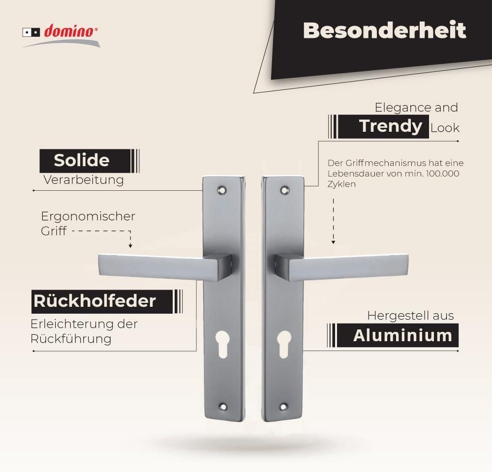 DOMINO Türgriff 72 Drückergarnitur PZ - Profilzylinder Set | Türklinke für Zimmertür, Bürotür, Kellertür & Innentür | L-Form | Türbeschläge aus Aluminiuml | Satin Chrome Light Türdrückergarnitur | QUBIK M45
