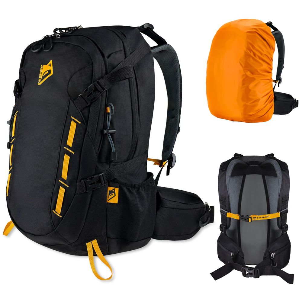 Wanderrucksack 40L Trekkingrucksack Herren & Damen, Titan-Core™ Nylon Outdoor Rucksack mit Regenschutz & Hüfttaschen, EVI SPORT Explorerpack Schwarz