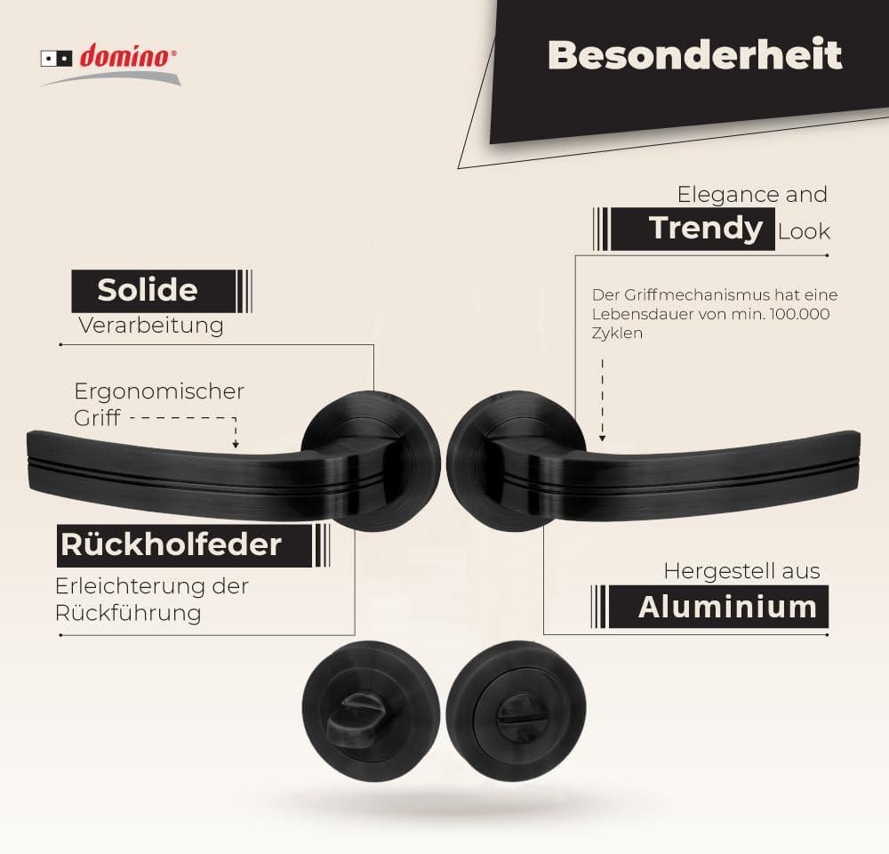 DOMINO Türgriff Drückergarnitur WC - Bad Set | Rund-Rosette | für Badezimmertüren | Set WC - Rosetten-Garnitur | Aluminium | Schwarz | DEKAN-R BLACK |