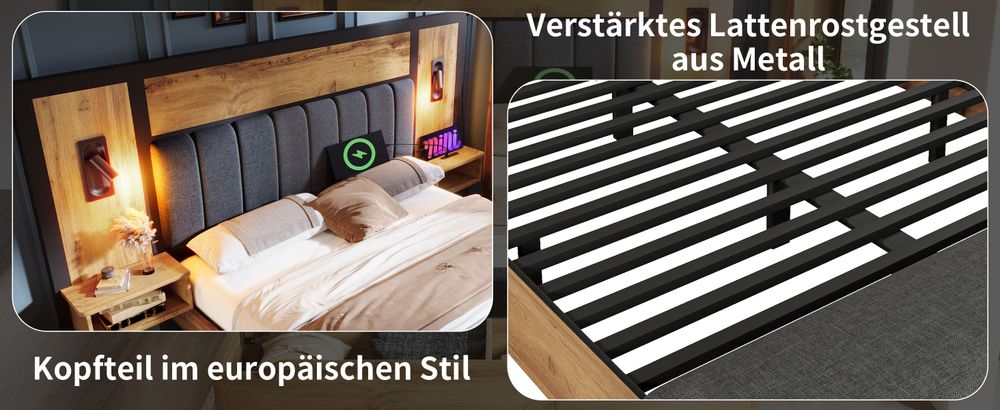 okwish 160×200 Jugendbett mit Leselampe, Doppelbett mit Sitzbank und Nachttisch, Polsterbett mit USB-TypeC-Anschluss, Eiche,ohne Matratze