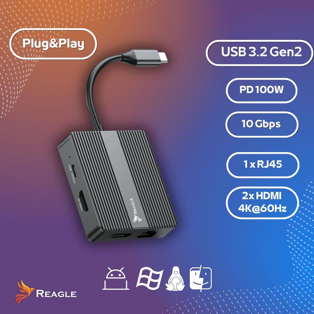 USB C Hub 7in1 Adapter 2x HDMI 4K 60Hz 100W PD Schnellladen 10Gbps USB 3.2 Gen2 Gigabit LAN Netzwerk für MacBook Air Pro Laptop Windows Reagle
