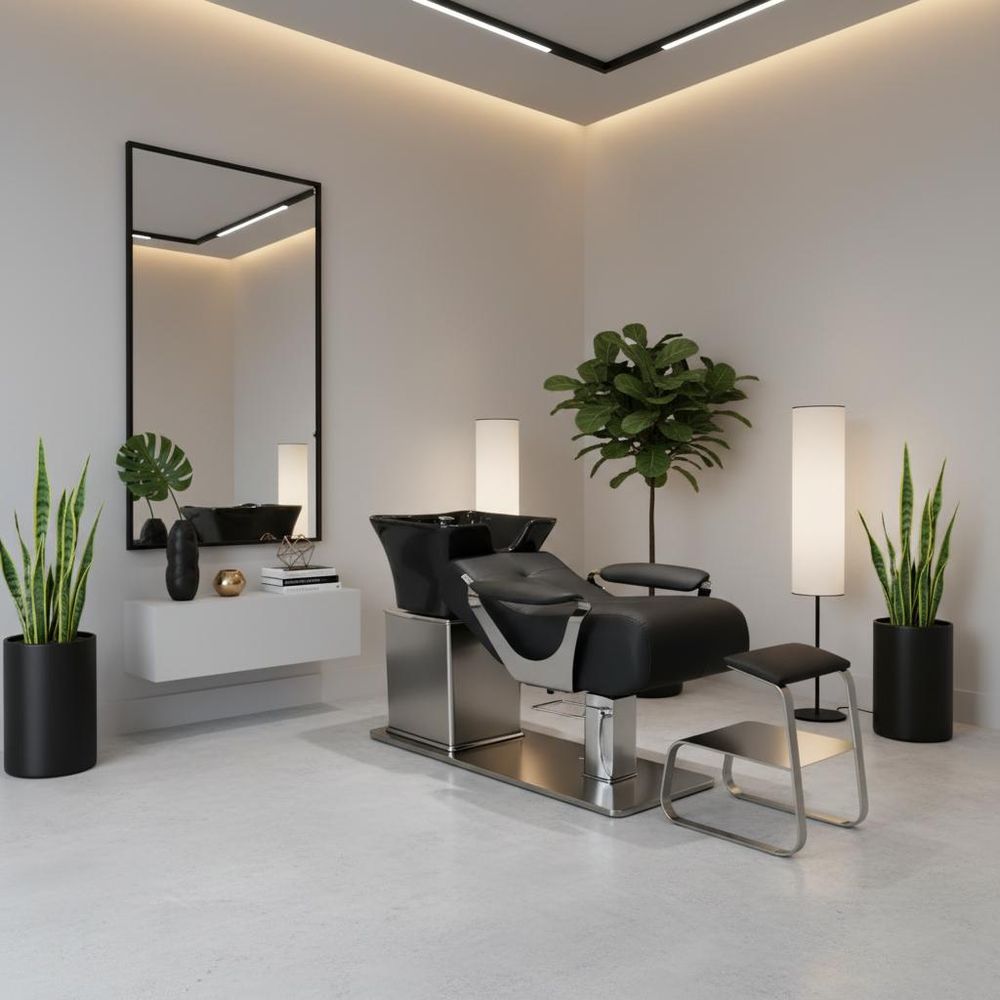 Camila - ležatý kadernícky a barber umývací box do salónu, polohovateľná keramická misa, armatúra,