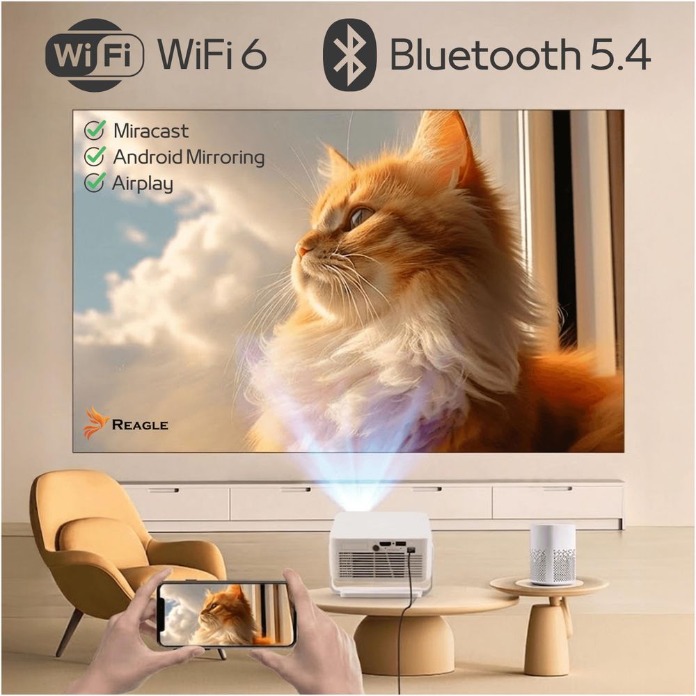 Smart Beamer Android 14 4K 300 ANSI WLAN Bluetooth 6 Autofokus Keystone 150" Tragbar Mini Projektor Heimkino Reagle