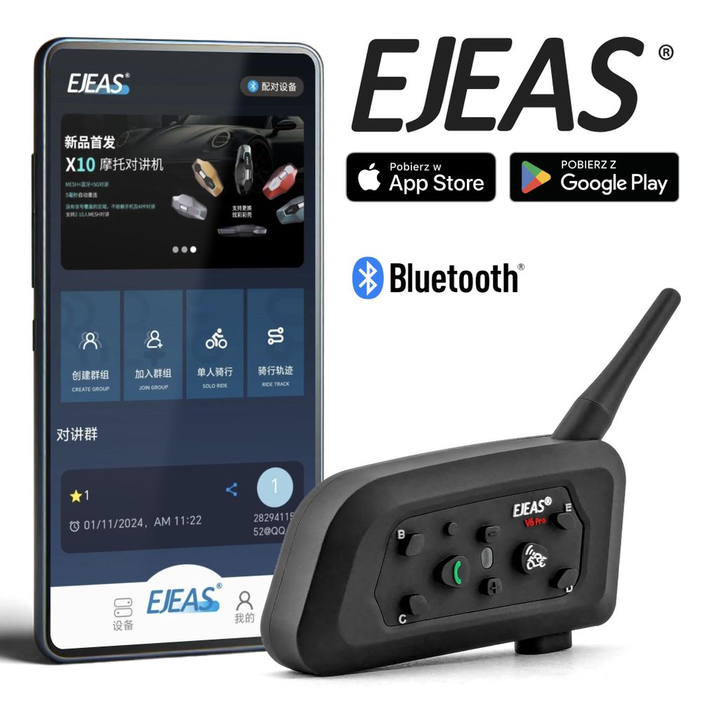 Interkom Motocyklowy Ejeas V6 Pro+ Plus USB-C Bluetooth 1200m Aplikacja EUC