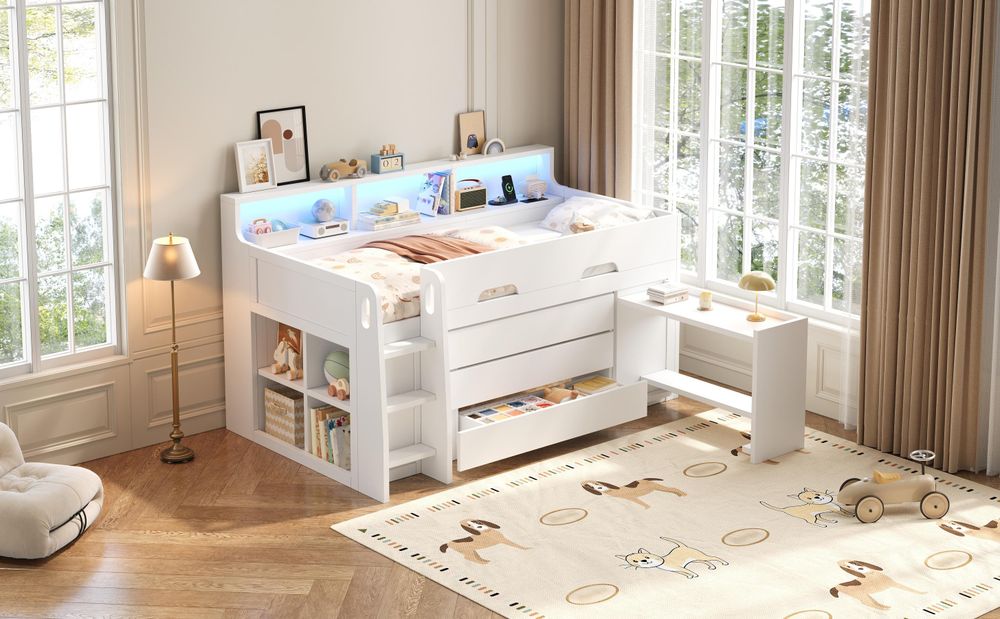 Merax Etagenbett 90x200 cm, Hochbett mit Ausziehbarer Schreibtisch, Kinderbett mit 3 Schubladen, Regal, LED Licht, USB Anschluss, Jugendbett, Weiß