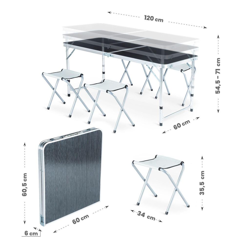 Maße des Camping-Sets: Tisch (120x60 cm, Höhe 54,5-71 cm), Hocker (34x35,5 cm)