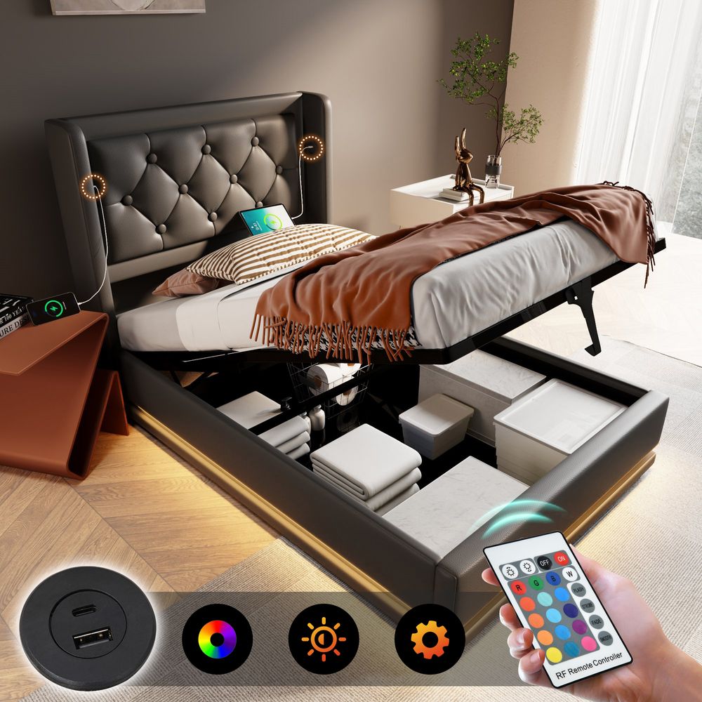 Flieks Polsterbett 90x200cm mit USB & Typ-C, Einzelbett Jugendbett mit LED, Hydraulisches Stauraumbett Boxspringbett mit Lattenrost, PU, Schwarz