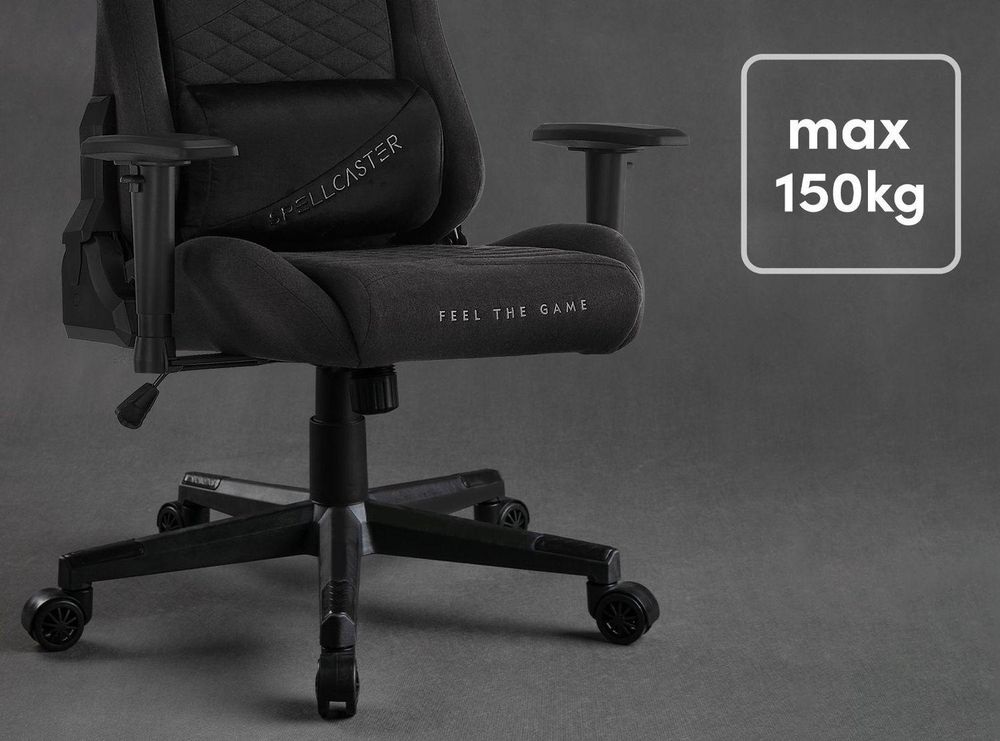 SENSE7 Spellcaster SENSHI Krzesło gamingowe z tapicerką materiałową, czarne – ergonomiczne krzesło biurowe, krzesło do biurka, krzesło dla graczy, nośność 150 kg, podłokietniki 2D, fotel kierowniczy