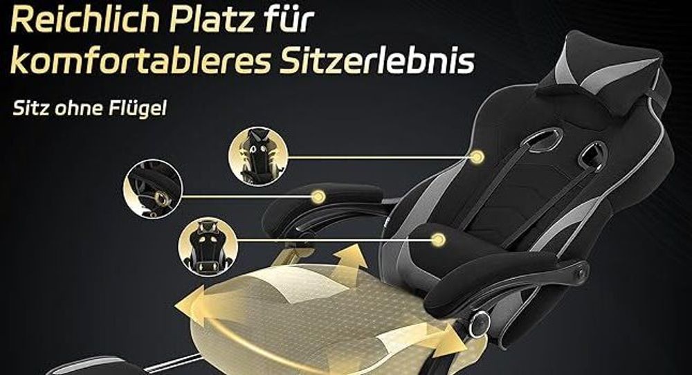 WOLTU Gaming Stuhl Racing Stuhl Bürostuhl Chefsessel mit Kopfstütze und Lendenkissen, Fußstütze, Stoff, Grau, BS83gr