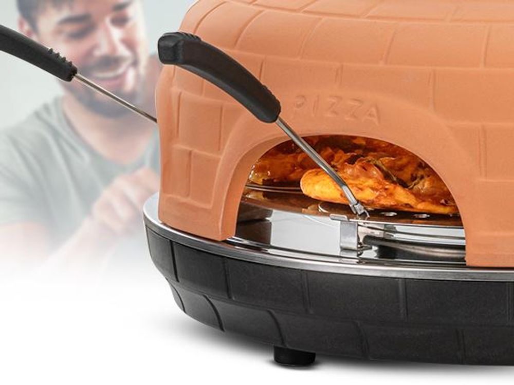 Heidenfeld Mini Pizzaofen Pizzachef | 1.100 Watt - Pizzadom ⌀ 40.0 cm - Für 6 Personen - Terrakotta-Kuppel - Bis 300 °C - 6 Pizzaschieber ⌀ 10,5 cm