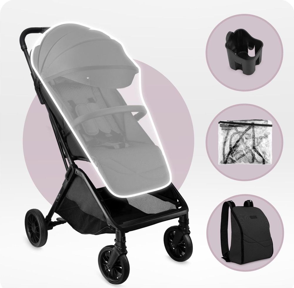 MoMi ANDREA Buggy Kinderwagen bis 22 kg - automatisches Falten - Rucksack, Zubehör - Schwarz