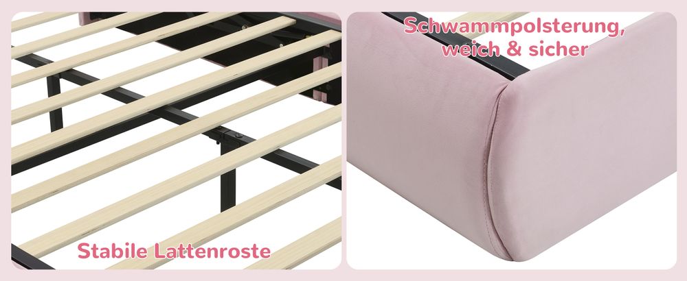 MODFU Kinderbett Polsterbett 140×200 cm mit warmfarbene LED-Licht, Jugendbett Doppelbett mit Kopfteil in Hasenohrenform und zwei Aufbewahrungshockern, Samt(Ohne Matratze), Boxspringbett Hydraulisches mit Bettkasten Stauraum, Samt Rosa