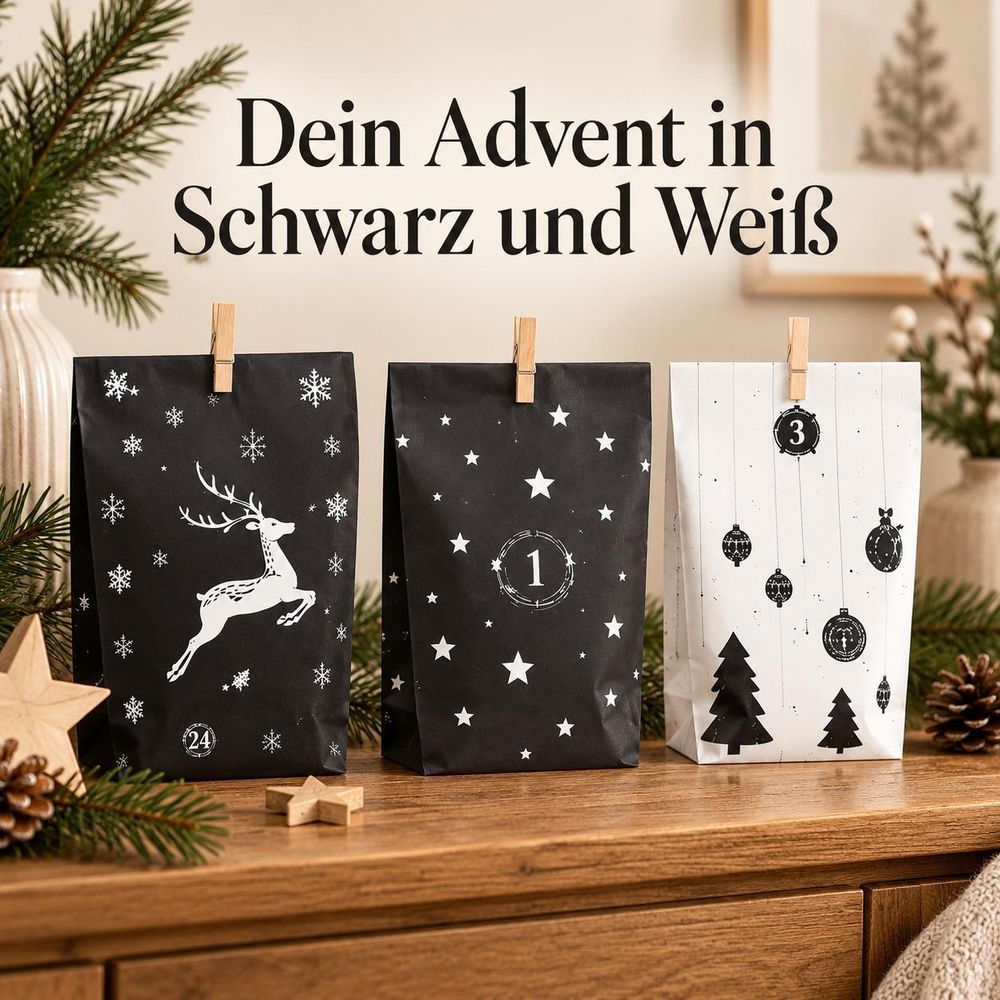 Anwendungsbeispiel: schwarz-weiße Adventskalendertüten auf einer Ablage