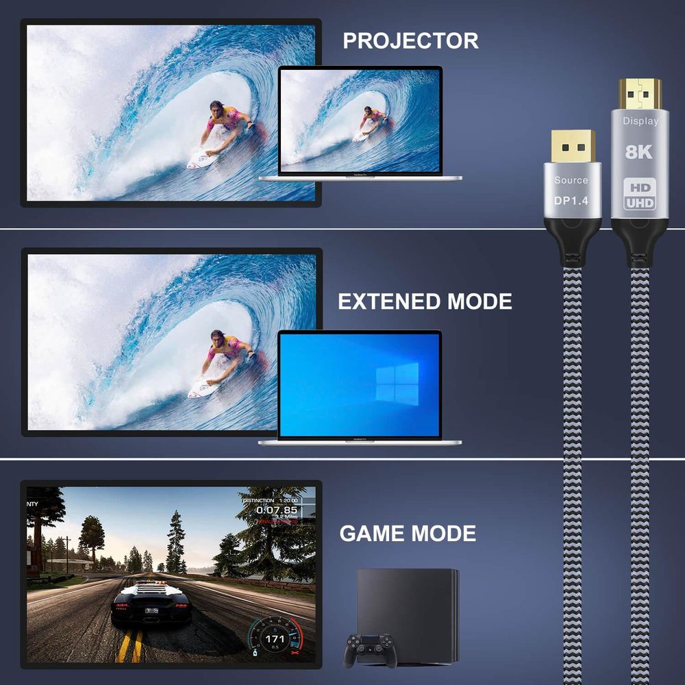 DisplayPort auf HDMI Kabel 3m 8K 60Hz 4K 144Hz HDR DP zu HDMI Adapter Datenkabel für Gaming PC Laptop Monitor Projektor Nylon Metallgehäuse Reagle