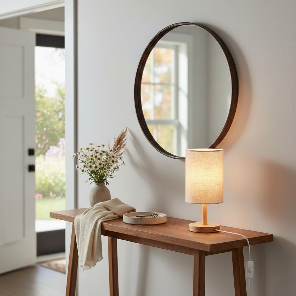 MasterLED E27 Tischleuchte Boho Holz & Stoff Weiß 30cm, Nachttischlampe, Schreibtischlampe Deko Wohnzimmer