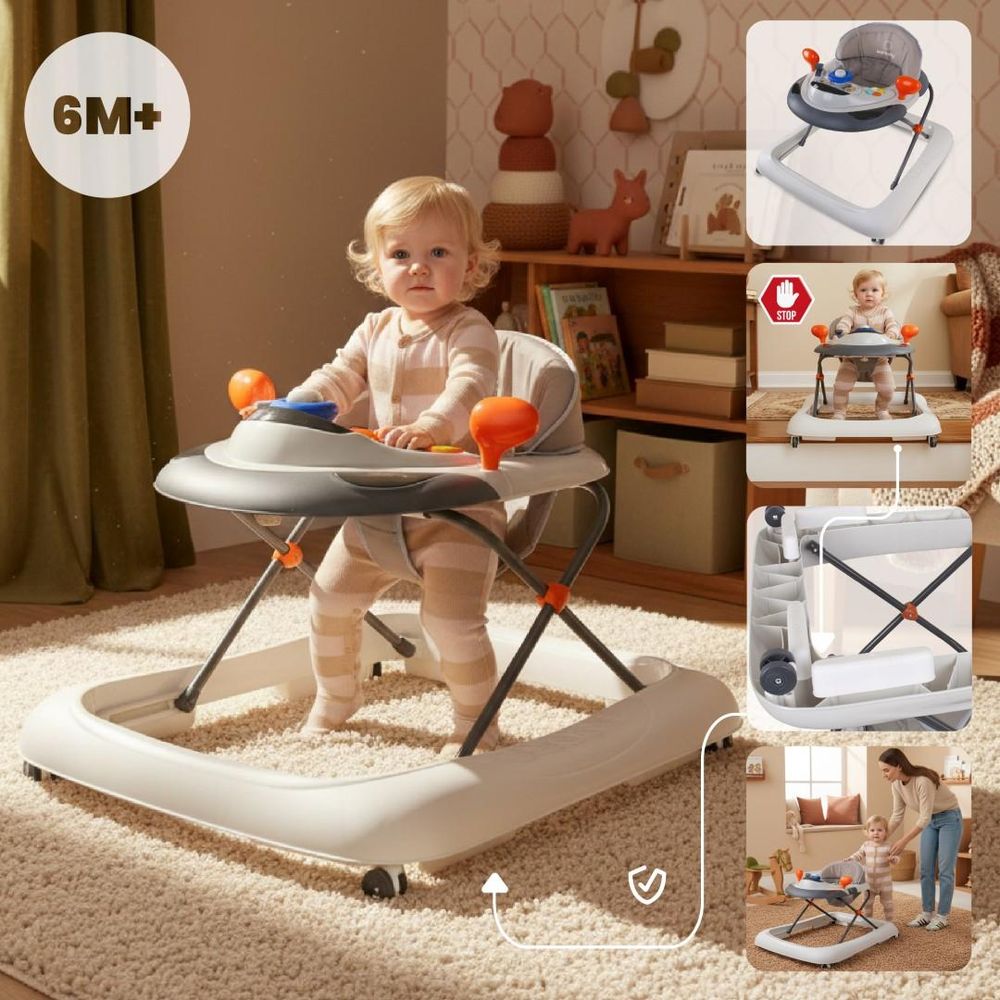 Baby gebruikt de loopstoel met veiligheidsdetails en leeftijdsindicatie.