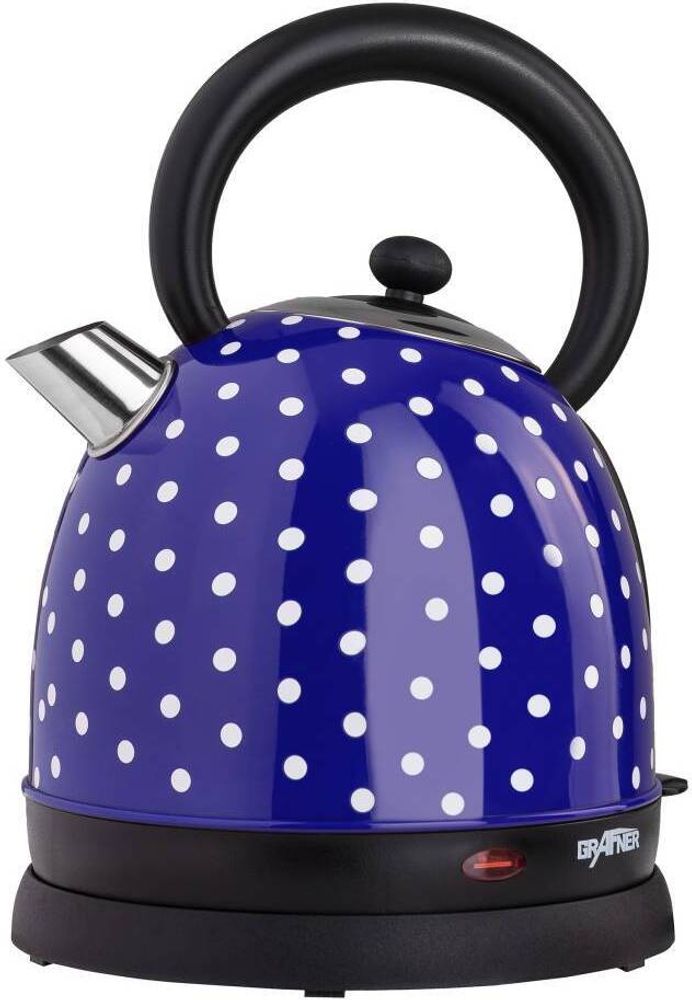 Grafner Retro Wasserkocher 2200 Watt, 1,8 Liter, Edelstahl-Korpus, Wunschfarbe, entnehmbarer Kalkfilter, kabellos, Überhitzungsschutz, BPA-Frei, Cool-Touch, Wasserstandsanzeige (Pünktchen blau)