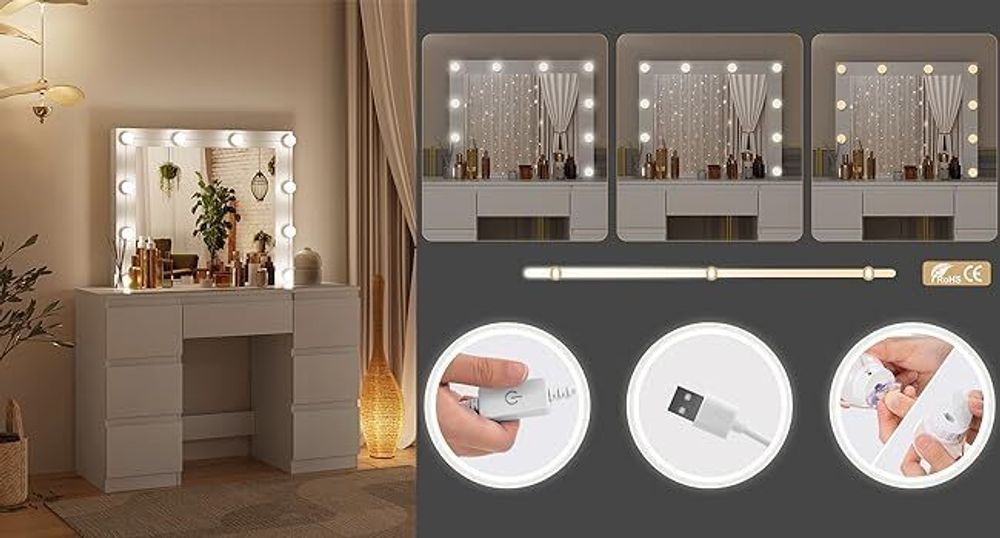 WOLTU Schminktisch mit LED-Beleuchtung, einstellbare Helligkeit, Weiß