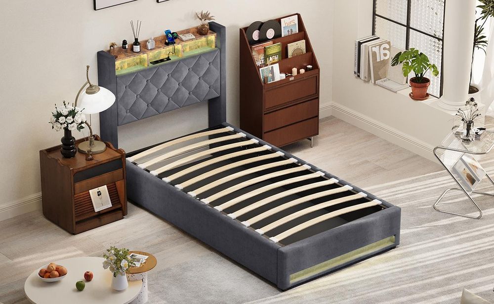 MODFU Boxspringbett 90×200 mit bettkasten,Polsterbett mit Stauraum,Funktionsbett mit USB-Anschluss & LED-Licht,Sicheres Design mit gepolsterten Kanten