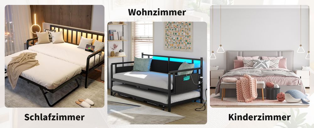 MODFU Daybett, Ausziehbett 90x200cm  Schlafsofa Jugendbett Kinderbett Tagesbett,t mit quadratischer Rückenlehne,(ausziehbar auf 180 Queensize), 2 Schubladen, Ohne Matratze, Beige
