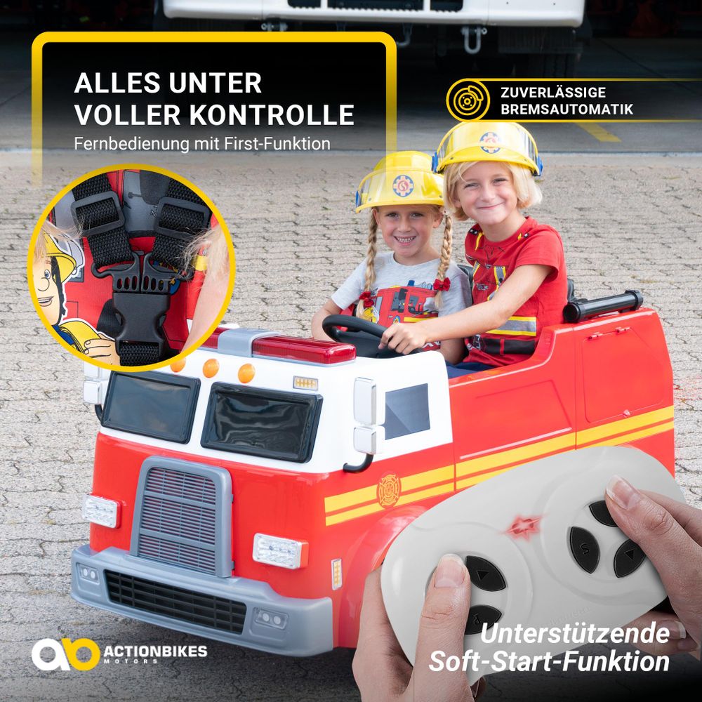 Actionbikes Motors Feuerwehr Auto LL911 | 2 Sitzer - Fernbedienung - Hupe, Motor- & Sirenen Sound - LED - Elektro Auto - 2 x 24 V Motor - ab 3 Jahren