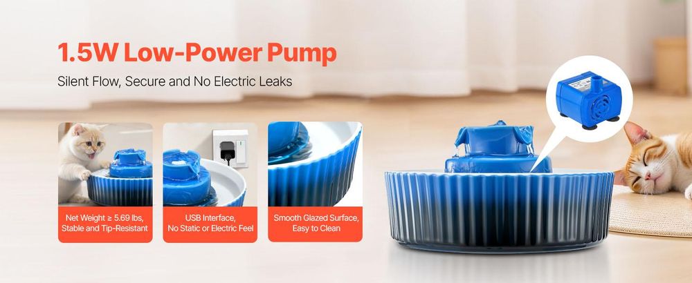 VEVOR Keramische Katzenwasserquelle, 2,1 L Cupcake Haustierbrunnen, Porzellan Katzenwasserspender mit ultra-leisem Pumpensystem, 360° Trinkbereich und mehrschichtigem Filtersystem, für Katzen und Hunde (Blau)