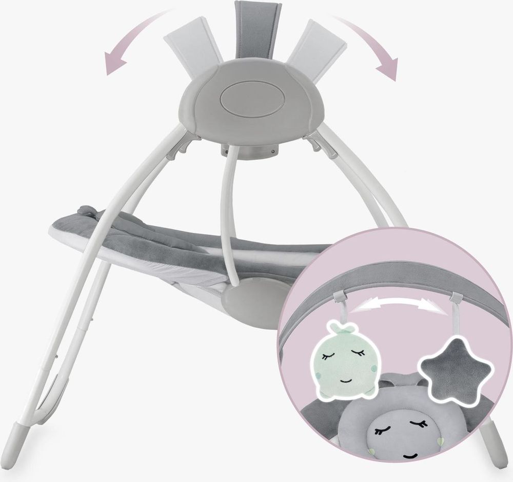 MoMi LISS – Elektrische Babywippe klappbar mit Timer, 5 Geschwindigkeiten, 6 Melodien & verstellbarem Spielbogen - Grau